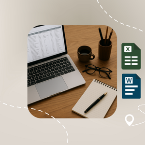 Laptop on a wooden desk with a notebook, pen, coffee cup, and glasses, on a beige background. Icons included for Excel and Word Documents. Image bordered with navigation lines and location pin.