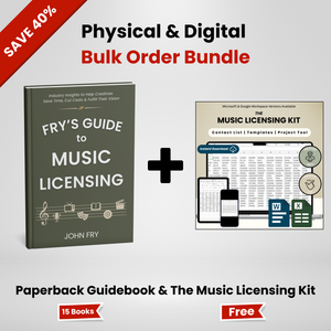 Promotional image of 'Fry's Guide to Music Licensing' paperback book and The Music Licensing Kit on a light gray background. 15 books. Save 40%. 