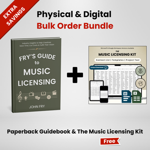 Fry's Guide to Music Licensing paperback book and The Music Licensing Kit on a light gray background. Physical and digital bulk order bundle. Extra savings.