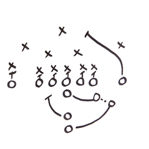 Football play diagram with X's and O's and arrows indicating direction