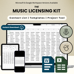 Music Licensing Kit with contact list, templates, and project tool on a beige background