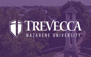 Logo for Trevecca Nazarene University overlaid on a campus image with a bell tower and trees.